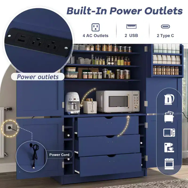 Tall Kitchen Pantry Cabinet with Power Outlets, Large Freestanding Cupboard with Microwave Stand, Drawers, Shelves, Wine Racks & Door-Shelf