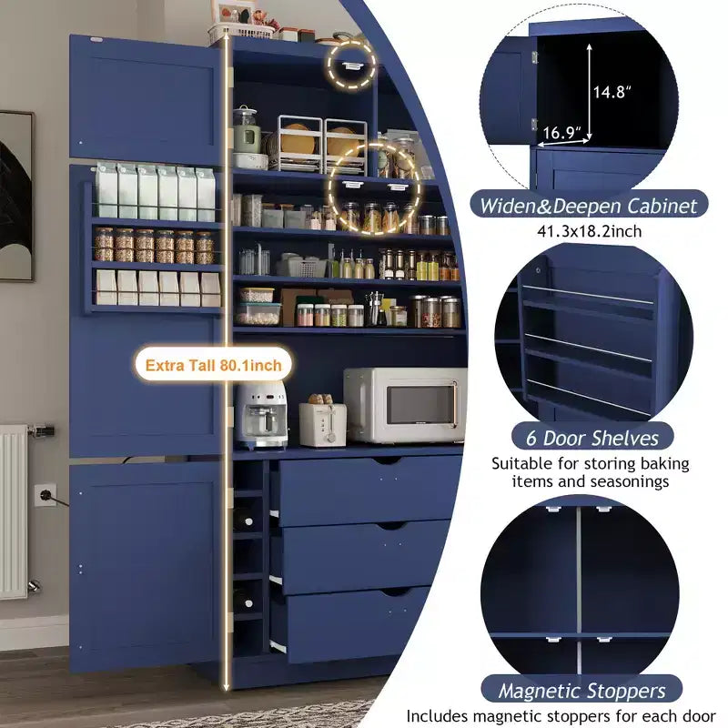 Tall Kitchen Pantry Cabinet with Power Outlets, Large Freestanding Cupboard with Microwave Stand, Drawers, Shelves, Wine Racks & Door-Shelf