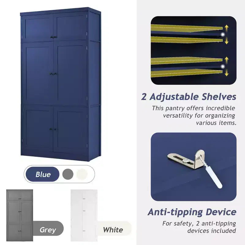 Tall Kitchen Pantry Cabinet with Power Outlets, Large Freestanding Cupboard with Microwave Stand, Drawers, Shelves, Wine Racks & Door-Shelf