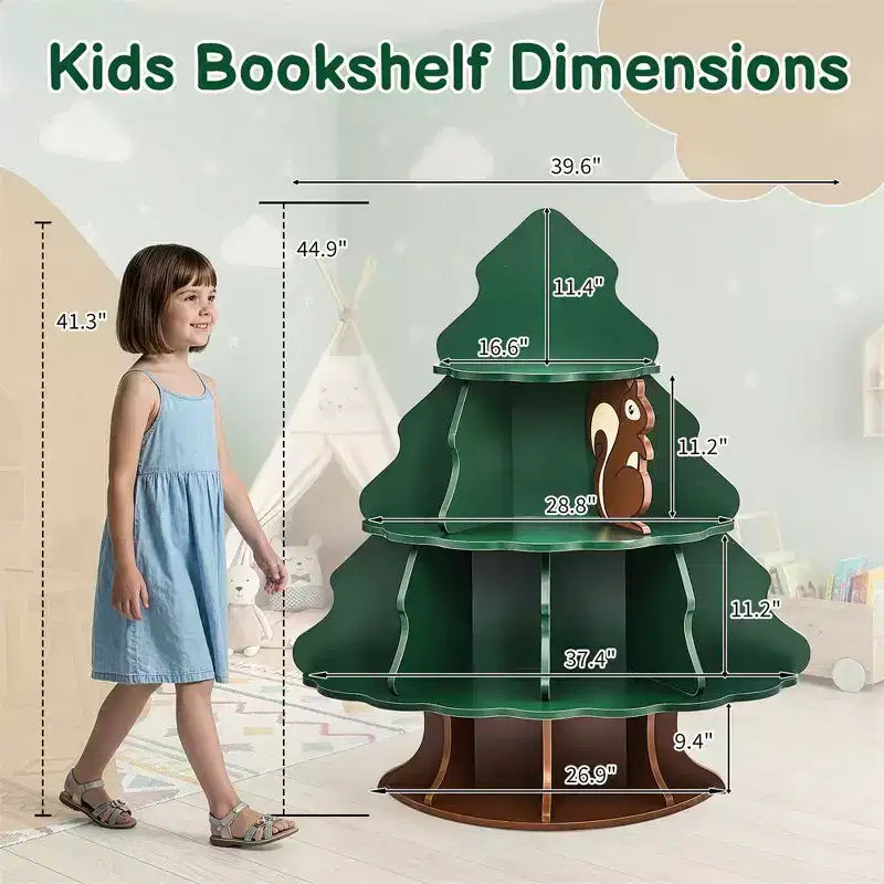 Karl Home 4-Tier 12-Compartment MDF Kids Bookshelf, Christmas Tree and Squirrel Design