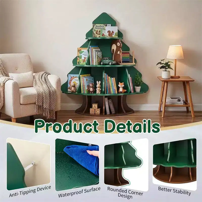 Karl Home 4-Tier 12-Compartment MDF Kids Bookshelf, Christmas Tree and Squirrel Design