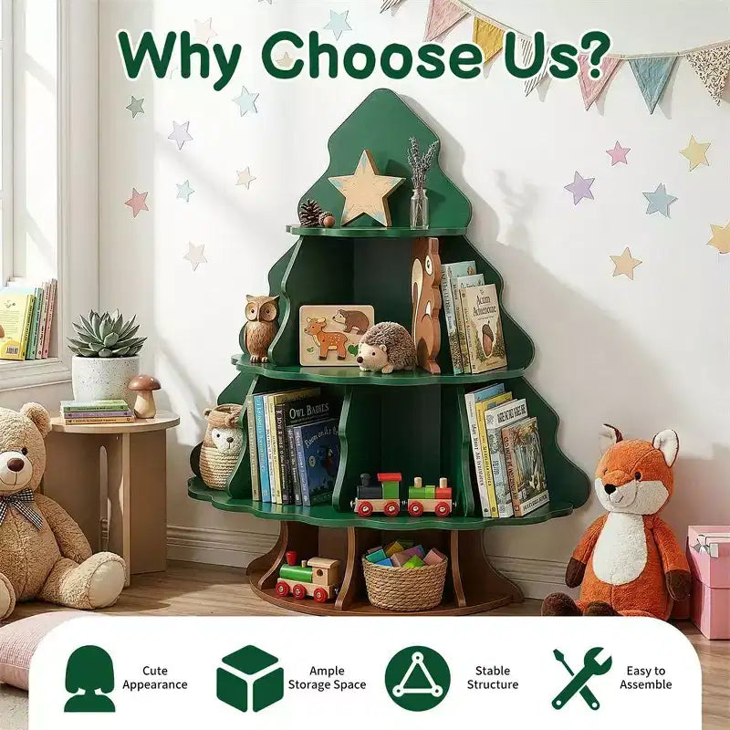 Karl Home 4-Tier 12-Compartment MDF Kids Bookshelf, Christmas Tree and Squirrel Design