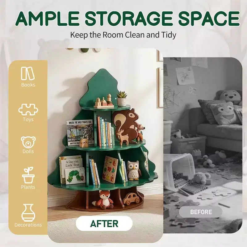 Karl Home 4-Tier 12-Compartment MDF Kids Bookshelf, Christmas Tree and Squirrel Design