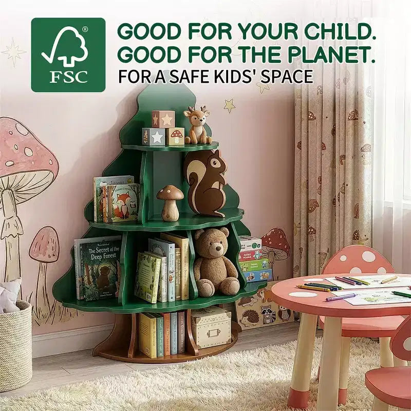 Karl Home 4-Tier 12-Compartment MDF Kids Bookshelf, Christmas Tree and Squirrel Design