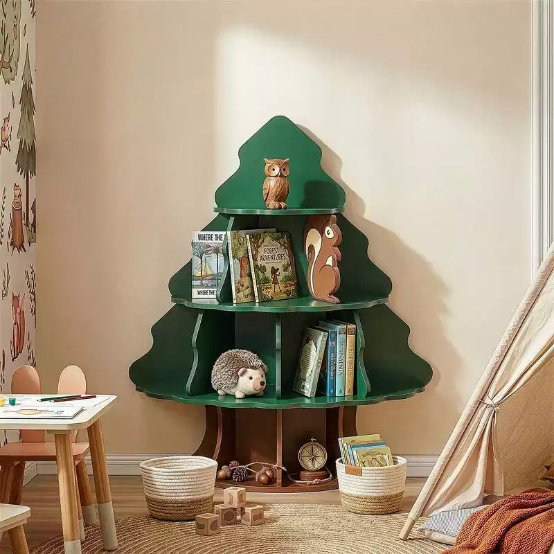 Karl Home 4-Tier 12-Compartment MDF Kids Bookshelf, Christmas Tree and Squirrel Design