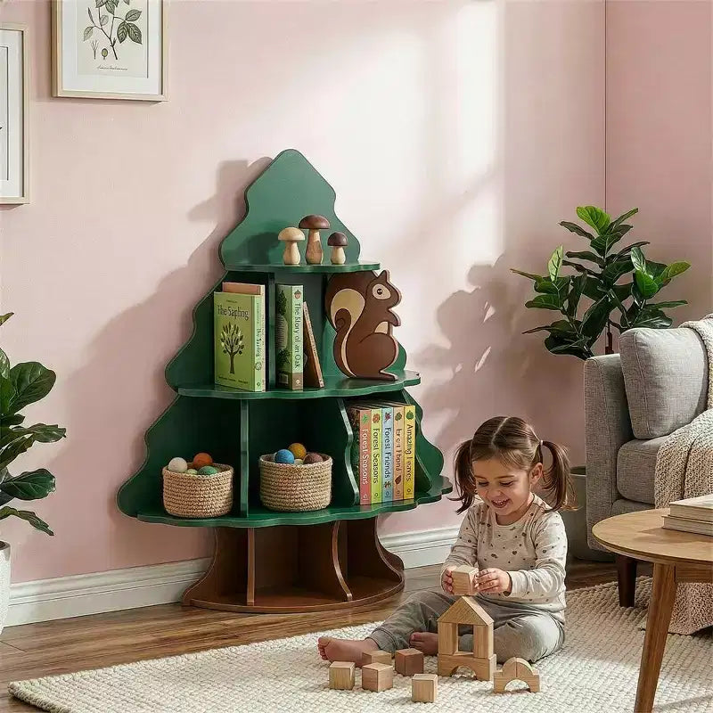 Karl Home 4-Tier 12-Compartment MDF Kids Bookshelf, Christmas Tree and Squirrel Design