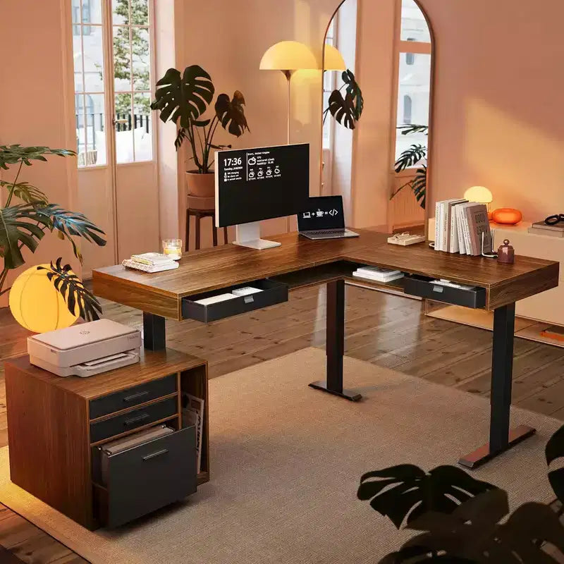 63 X 53 In Electric L Shaped Standing Desk with 2 Storage Drawers File Cabinet, Height Adjustable Corner Standing Desk, Computer Desk, Walnut