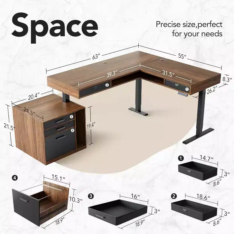 63 X 53 In Electric L Shaped Standing Desk with 2 Storage Drawers File Cabinet, Height Adjustable Corner Standing Desk, Computer Desk, Walnut