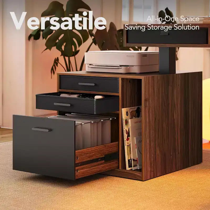 63 X 53 In Electric L Shaped Standing Desk with 2 Storage Drawers File Cabinet, Height Adjustable Corner Standing Desk, Computer Desk, Walnut