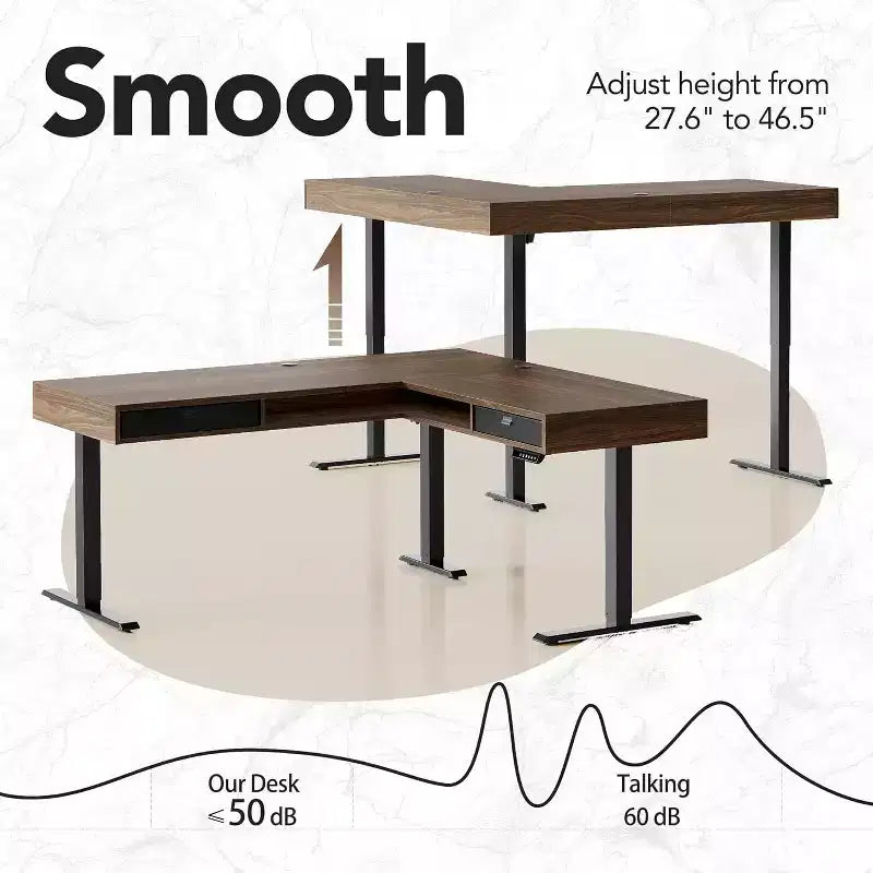 63 X 53 In Electric L Shaped Standing Desk with 2 Storage Drawers File Cabinet, Height Adjustable Corner Standing Desk, Computer Desk, Walnut