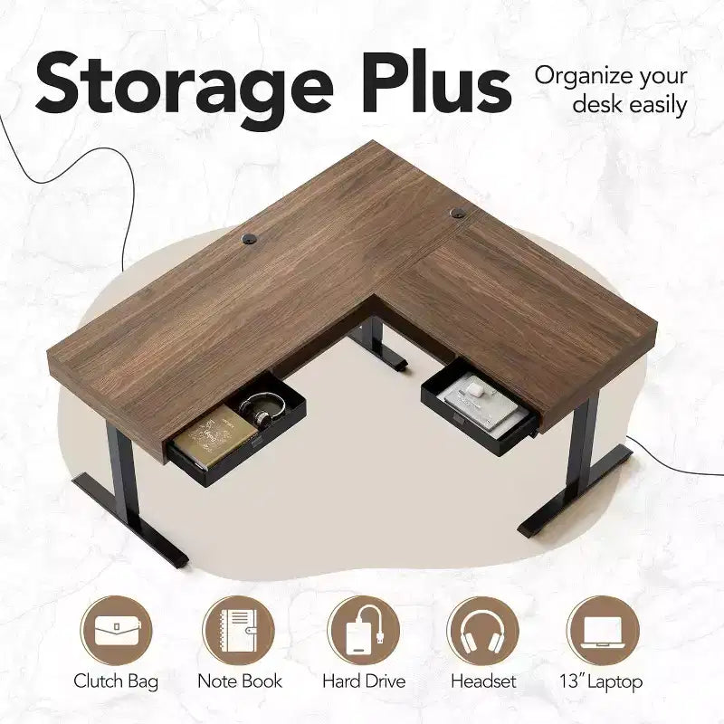 63 X 53 In Electric L Shaped Standing Desk with 2 Storage Drawers File Cabinet, Height Adjustable Corner Standing Desk, Computer Desk, Walnut