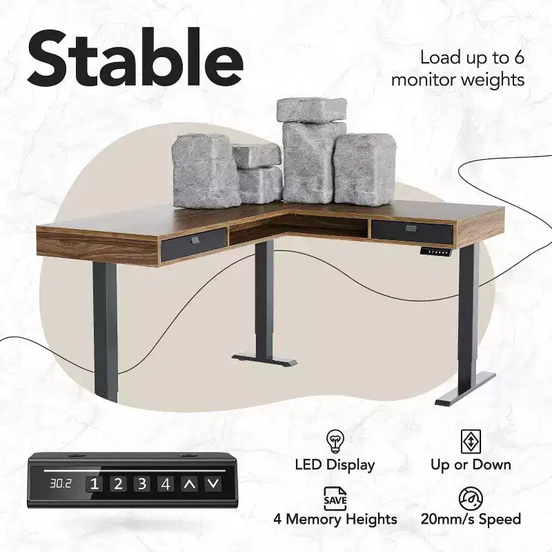 63 X 53 In Electric L Shaped Standing Desk with 2 Storage Drawers File Cabinet, Height Adjustable Corner Standing Desk, Computer Desk, Walnut