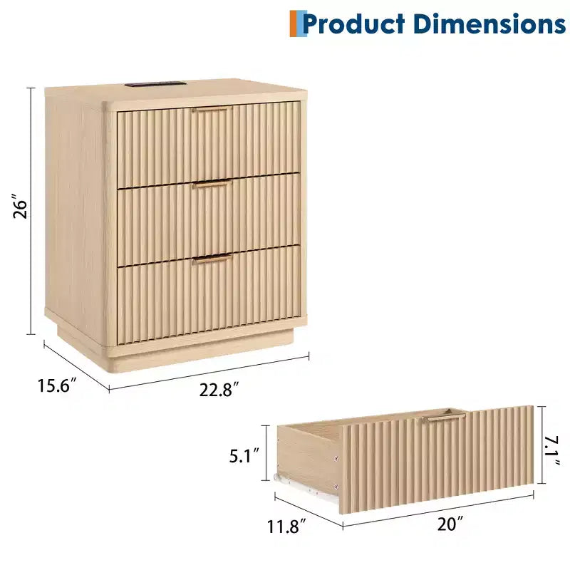 Garvee Nightstand with 3 Drawers, Fluted Bedside Table with Outlet, Light Wood Night Stand with Storage for Bedroom and Living Room, Space Saving