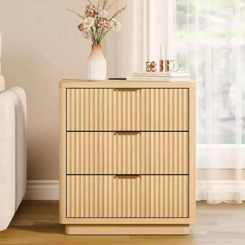 Garvee Nightstand with 3 Drawers, Fluted Bedside Table with Outlet, Light Wood Night Stand with Storage for Bedroom and Living Room, Space Saving