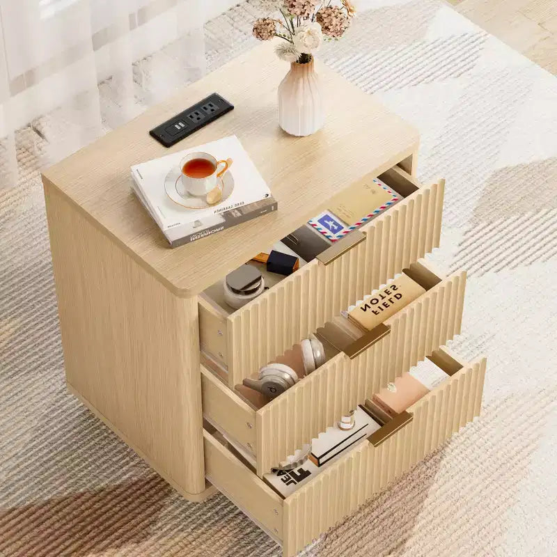 Garvee Nightstand with 3 Drawers, Fluted Bedside Table with Outlet, Light Wood Night Stand with Storage for Bedroom and Living Room, Space Saving