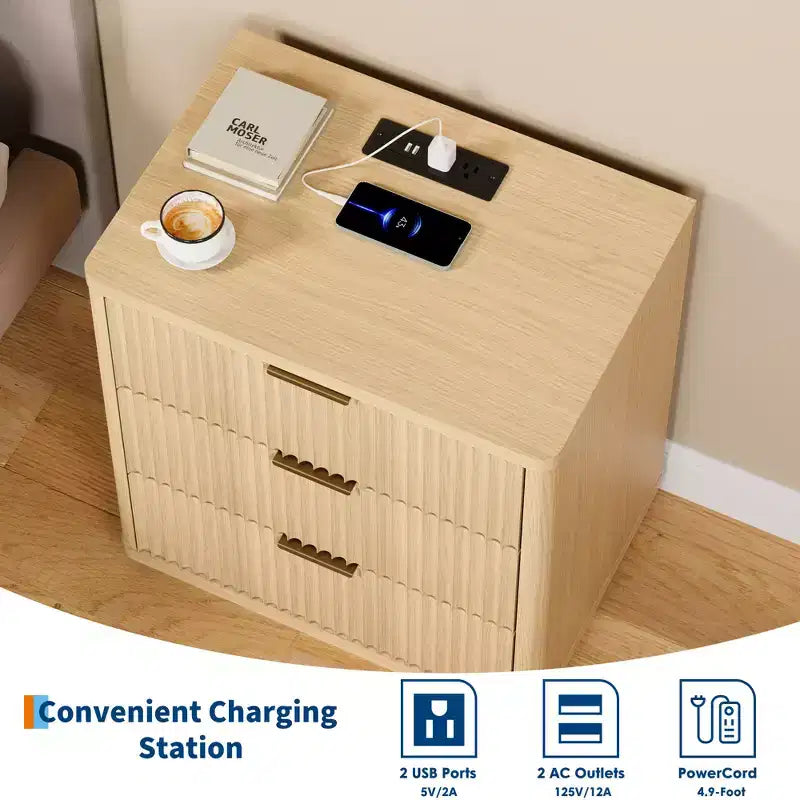 Garvee Nightstand with 3 Drawers, Fluted Bedside Table with Outlet, Light Wood Night Stand with Storage for Bedroom and Living Room, Space Saving