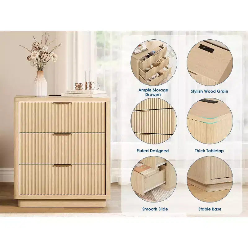 Garvee Nightstand with 3 Drawers, Fluted Bedside Table with Outlet, Light Wood Night Stand with Storage for Bedroom and Living Room, Space Saving