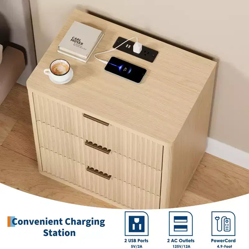 Garvee Nightstand with 3 Drawers, Fluted Bedside Table with Outlet, Light Wood Night Stand with Storage for Bedroom and Living Room, Space Saving