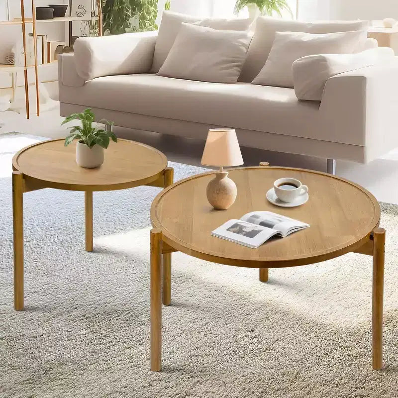 BEARUT Wooden Round Nesting Coffee Tables Set of 2, Solid Wood Round End Table