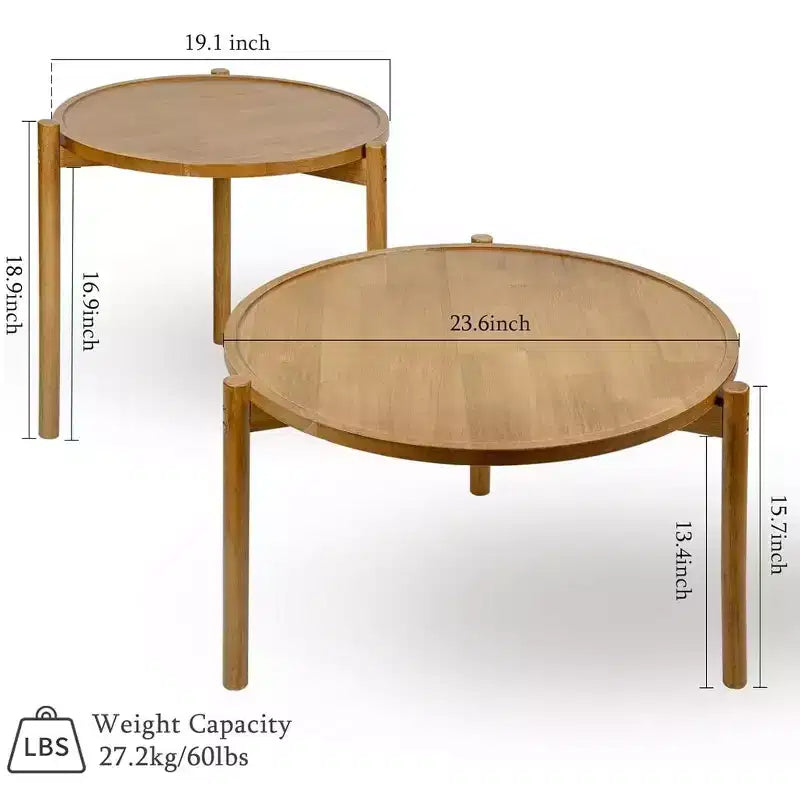 BEARUT Wooden Round Nesting Coffee Tables Set of 2, Solid Wood Round End Table