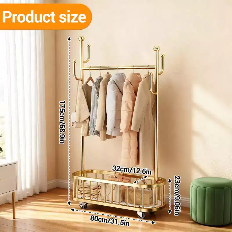 Rolling Clothing Rack with Wheels and Basket Storage, Metal Moveable Large Coat Rack Decorative Clothing Racks for Hanging Clothes