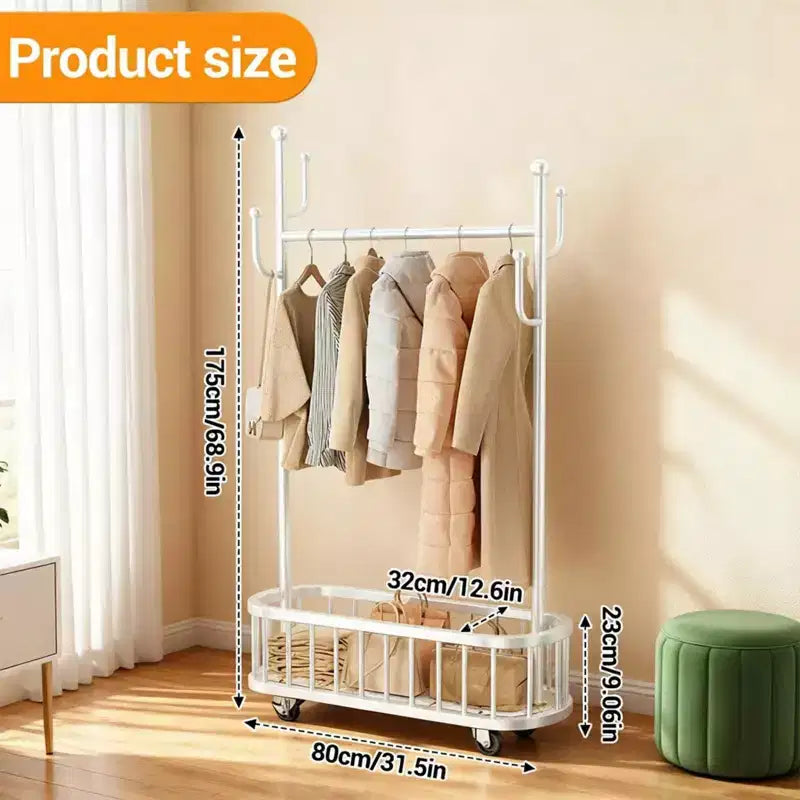 Rolling Clothing Rack with Wheels and Basket Storage, Metal Moveable Large Coat Rack Decorative Clothing Racks for Hanging Clothes