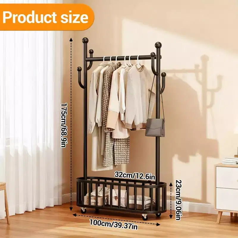 Rolling Clothing Rack with Wheels and Basket Storage, Metal Moveable Large Coat Rack Decorative Clothing Racks for Hanging Clothes