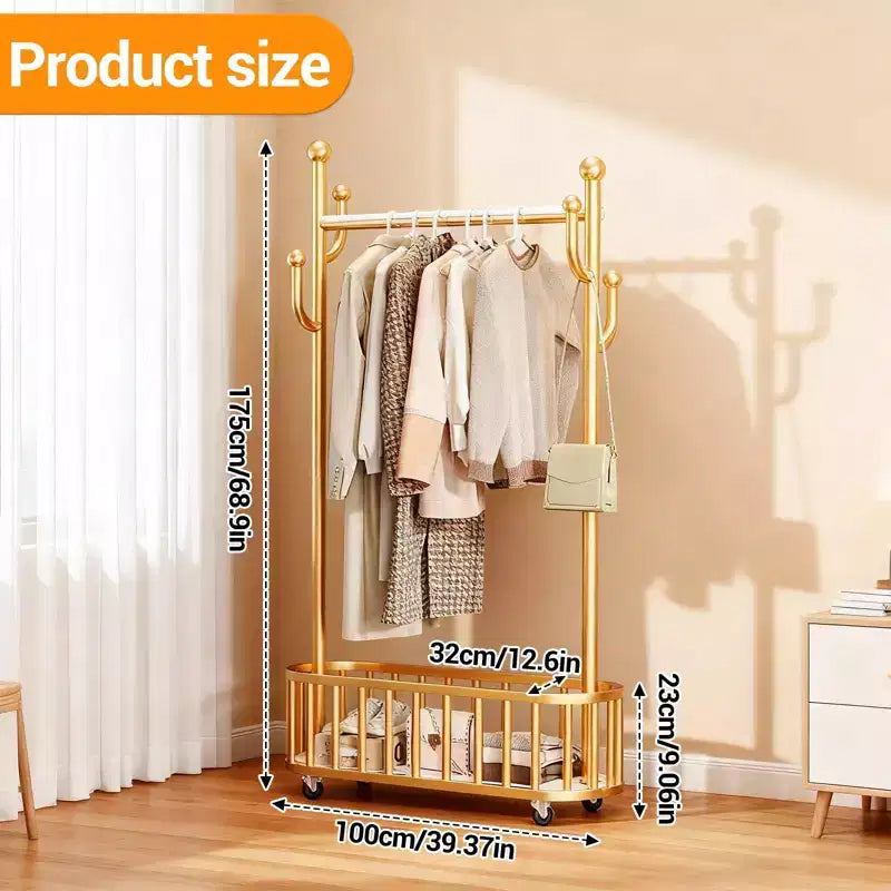 Rolling Clothing Rack with Wheels and Basket Storage, Metal Moveable Large Coat Rack Decorative Clothing Racks for Hanging Clothes
