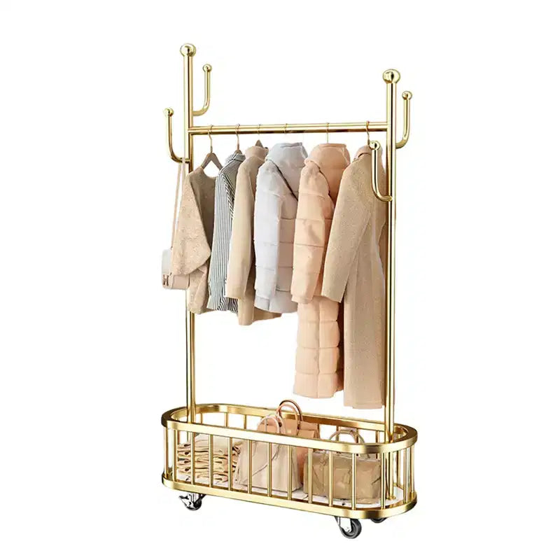 Rolling Clothing Rack with Wheels and Basket Storage, Metal Moveable Large Coat Rack Decorative Clothing Racks for Hanging Clothes