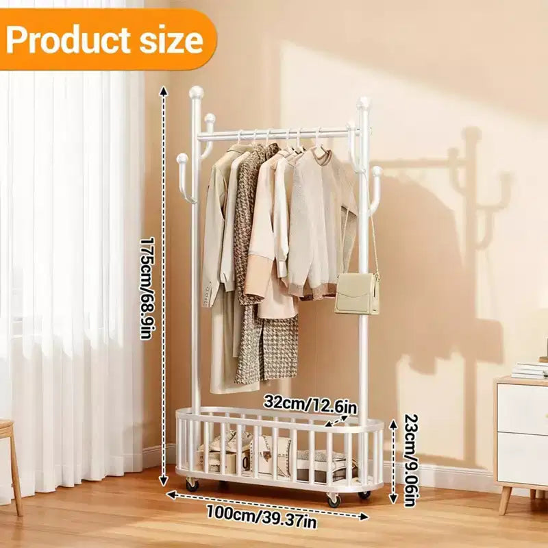 Rolling Clothing Rack with Wheels and Basket Storage, Metal Moveable Large Coat Rack Decorative Clothing Racks for Hanging Clothes
