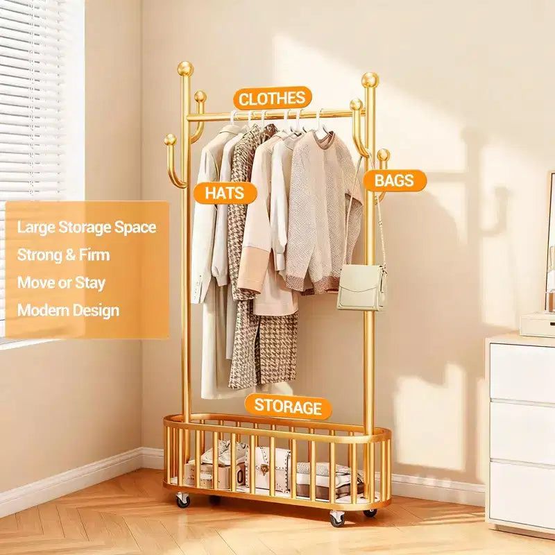 Rolling Clothing Rack with Wheels and Basket Storage, Metal Moveable Large Coat Rack Decorative Clothing Racks for Hanging Clothes