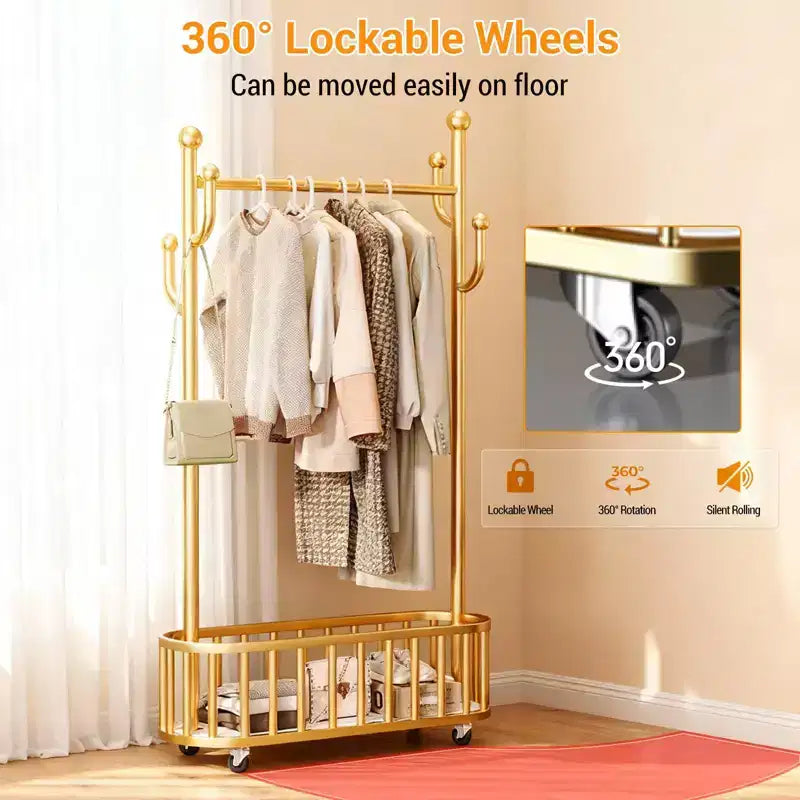 Rolling Clothing Rack with Wheels and Basket Storage, Metal Moveable Large Coat Rack Decorative Clothing Racks for Hanging Clothes