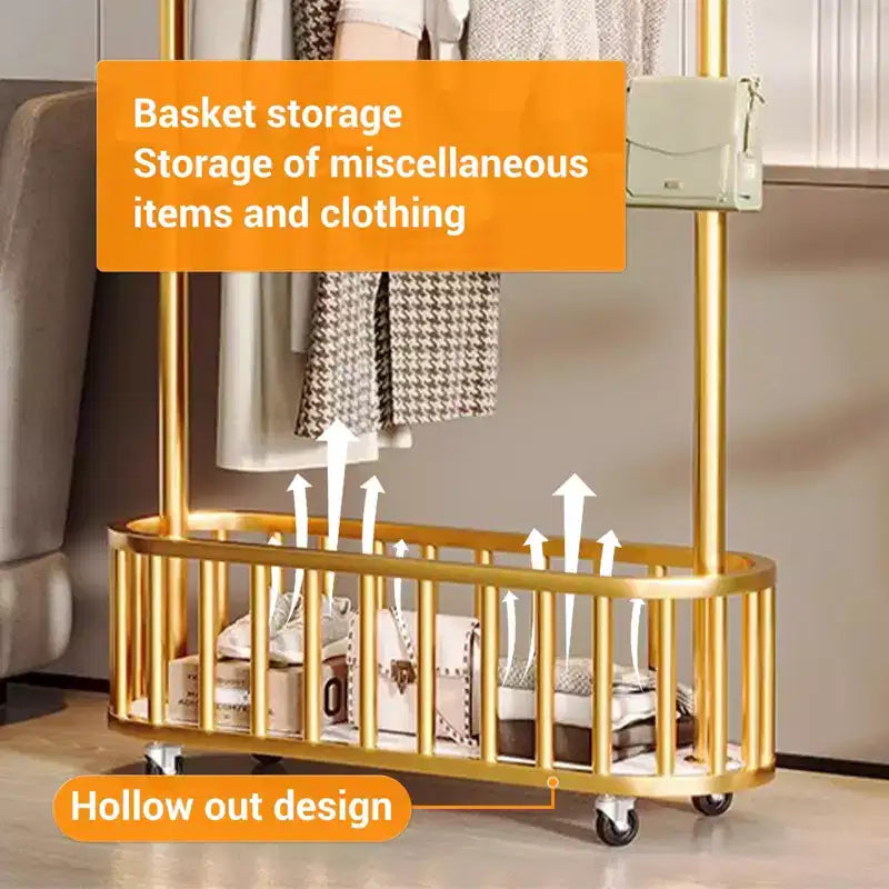 Rolling Clothing Rack with Wheels and Basket Storage, Metal Moveable Large Coat Rack Decorative Clothing Racks for Hanging Clothes