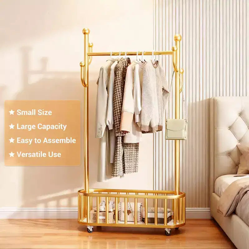 Rolling Clothing Rack with Wheels and Basket Storage, Metal Moveable Large Coat Rack Decorative Clothing Racks for Hanging Clothes
