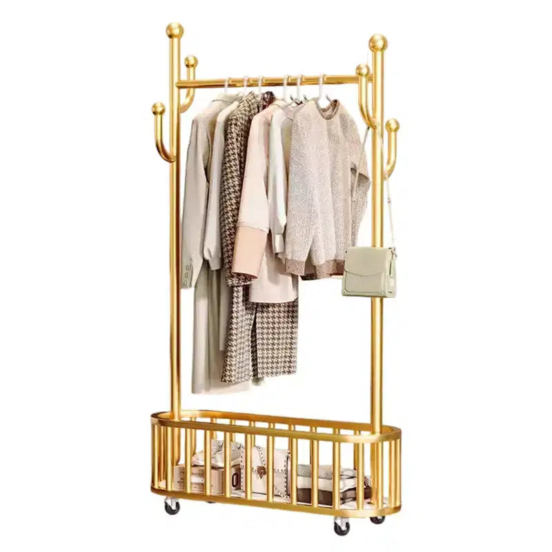 Rolling Clothing Rack with Wheels and Basket Storage, Metal Moveable Large Coat Rack Decorative Clothing Racks for Hanging Clothes