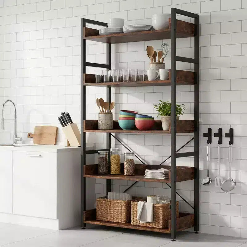 Gymax 1/2PC 5-Tier Storage Rack w/ Hooks Open Shelves Rustic Wood Grain Design Adjustable Feet Brown+Black