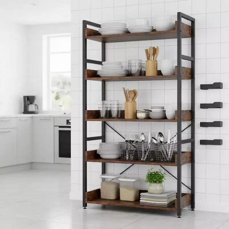 Gymax 1/2PC 5-Tier Storage Rack w/ Hooks Open Shelves Rustic Wood Grain Design Adjustable Feet Brown+Black