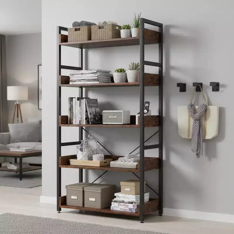 Gymax 1/2PC 5-Tier Storage Rack w/ Hooks Open Shelves Rustic Wood Grain Design Adjustable Feet Brown+Black