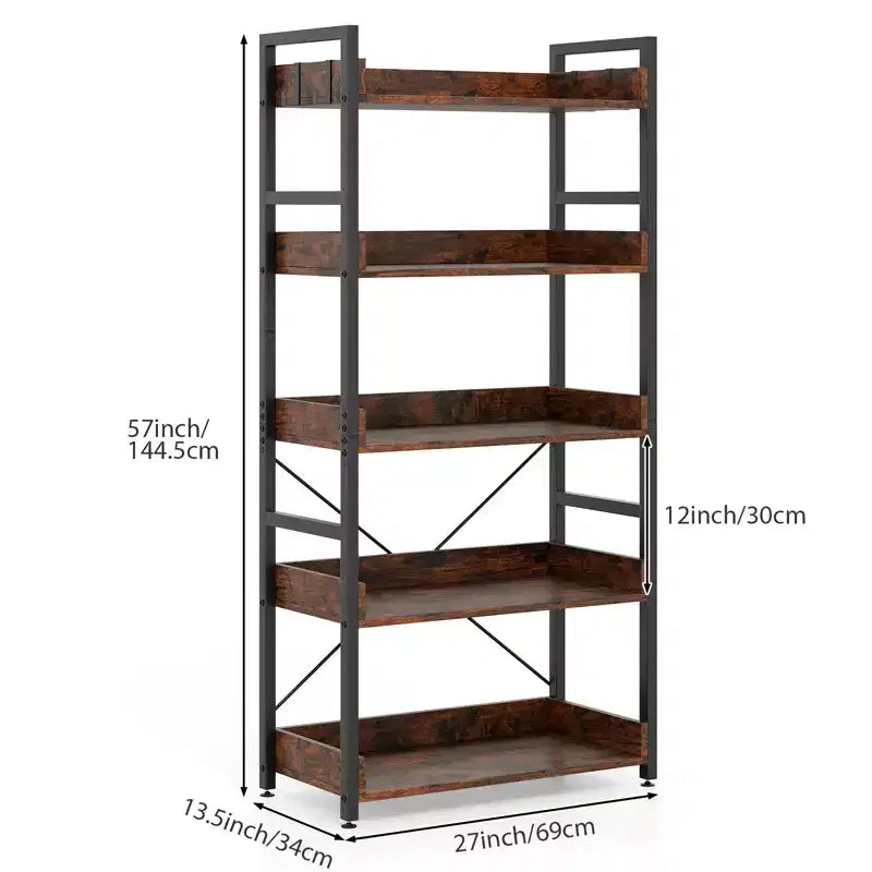 Gymax 1/2PC 5-Tier Storage Rack w/ Hooks Open Shelves Rustic Wood Grain Design Adjustable Feet Brown+Black