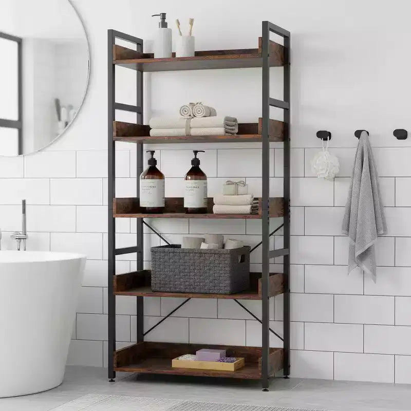 Gymax 1/2PC 5-Tier Storage Rack w/ Hooks Open Shelves Rustic Wood Grain Design Adjustable Feet Brown+Black