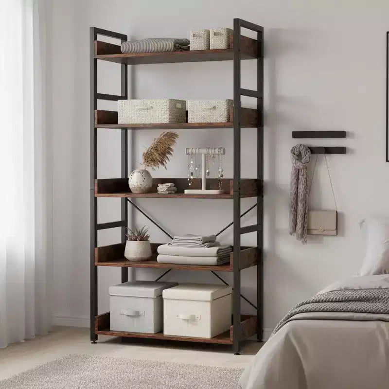 Gymax 1/2PC 5-Tier Storage Rack w/ Hooks Open Shelves Rustic Wood Grain Design Adjustable Feet Brown+Black
