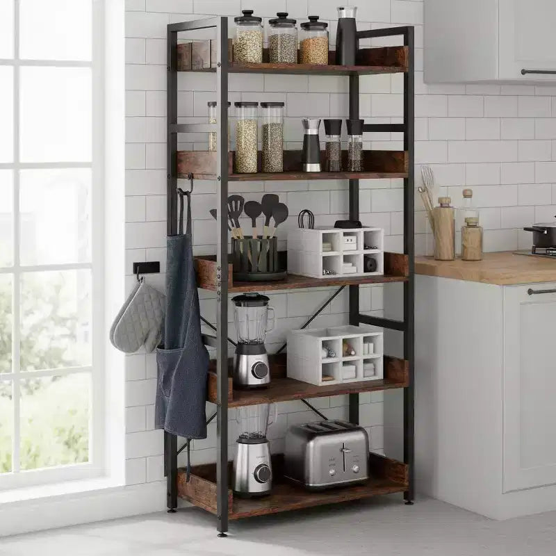 Gymax 1/2PC 5-Tier Storage Rack w/ Hooks Open Shelves Rustic Wood Grain Design Adjustable Feet Brown+Black