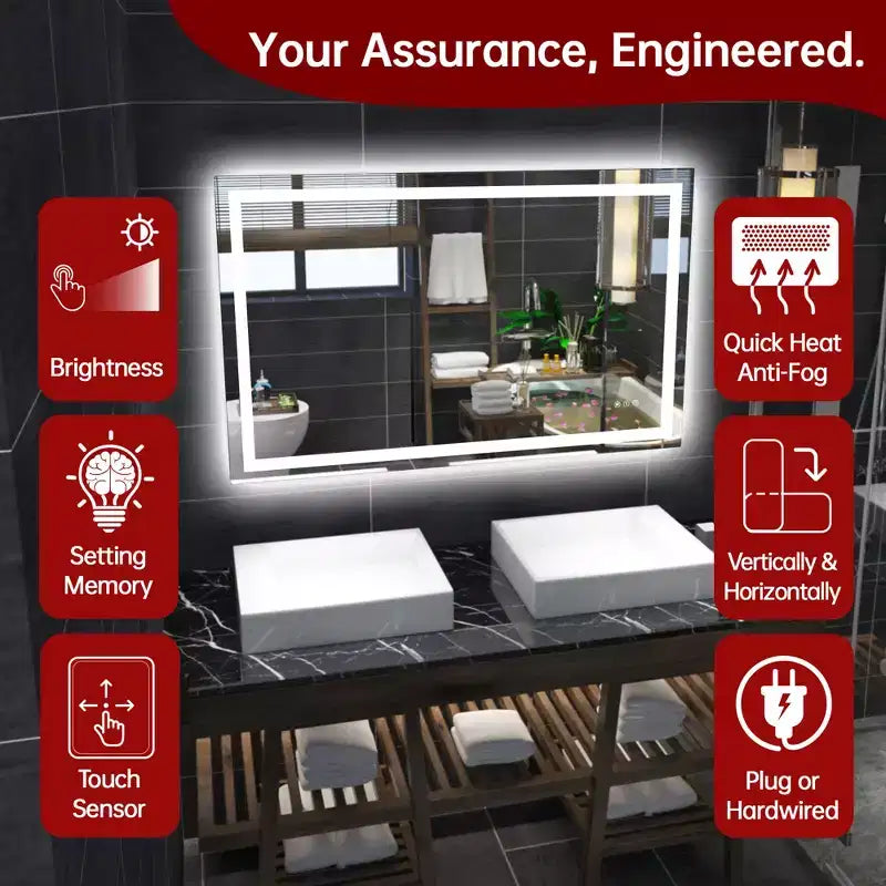 SUMERAIN 48x30 Wall Bathroom Mirror with 3 Color, Anti-Fog ETL Smart LED Vanity Mirror with Light