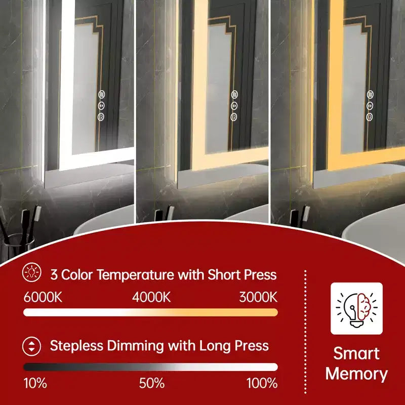 SUMERAIN 48x30 Wall Bathroom Mirror with 3 Color, Anti-Fog ETL Smart LED Vanity Mirror with Light