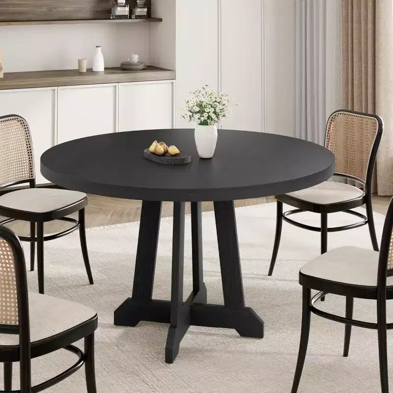 47.2 Round Dining Table for 4-6, Black Wood Kitchen Table with Pedestal Base and Adjustable Feet
