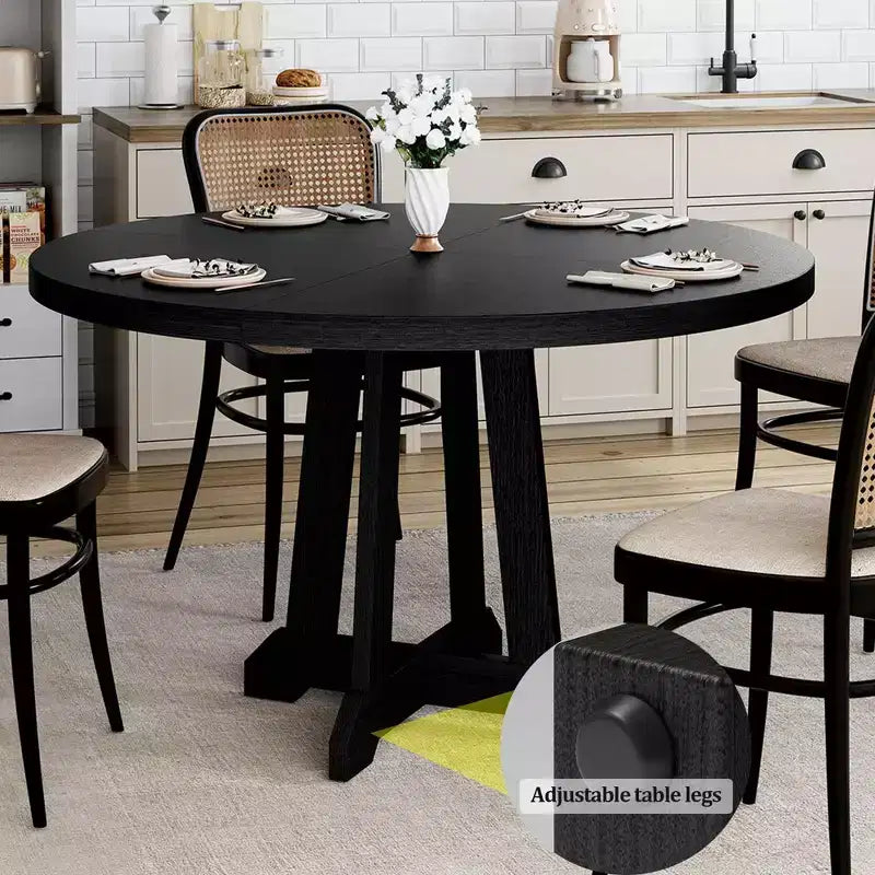 47.2 Round Dining Table for 4-6, Black Wood Kitchen Table with Pedestal Base and Adjustable Feet