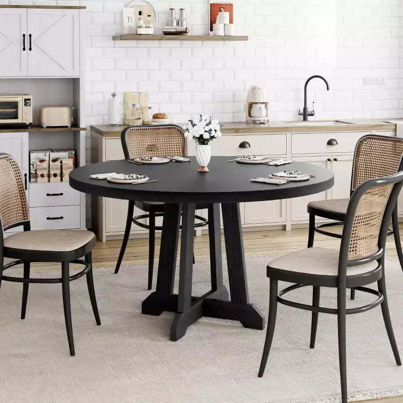 47.2 Round Dining Table for 4-6, Black Wood Kitchen Table with Pedestal Base and Adjustable Feet