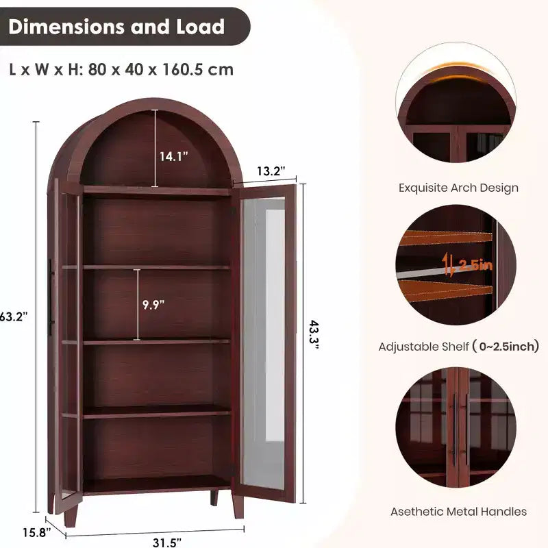 Tall Arched Storage Cabinet with Glass Doors, 5-Tier Display Bookcase with Adjustable Shelves for Kitchen or Living Room