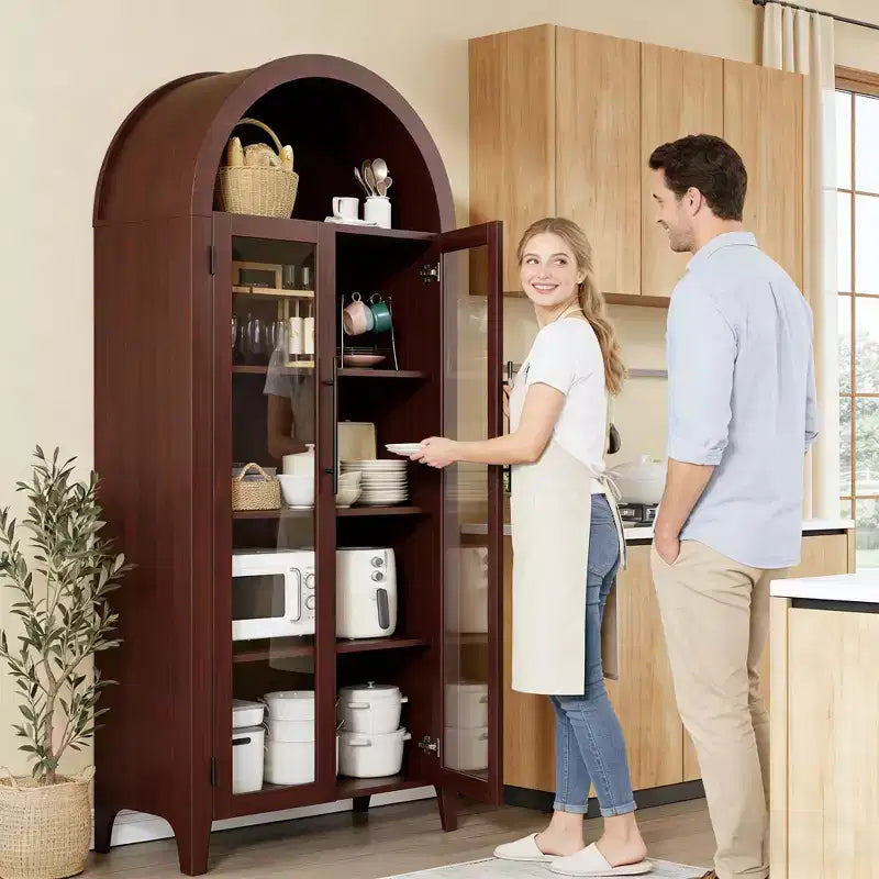 Tall Arched Storage Cabinet with Glass Doors, 5-Tier Display Bookcase with Adjustable Shelves for Kitchen or Living Room
