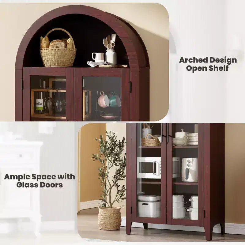 Tall Arched Storage Cabinet with Glass Doors, 5-Tier Display Bookcase with Adjustable Shelves for Kitchen or Living Room